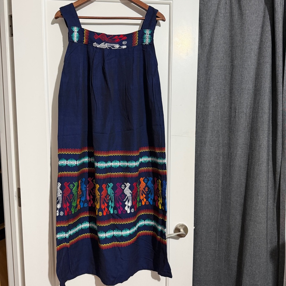 Vintage Embroidered navy Cotton 1970s Guatemalan Maxi Dress boho